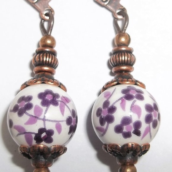 Boho Earring Set Floral Purple White and Rustic Copper Fashion Jewelry Set 7008 - Picture 4 of 9